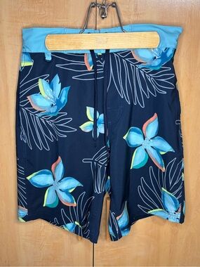Navy Blue Floral Swim Trunks with Aqua Waistband